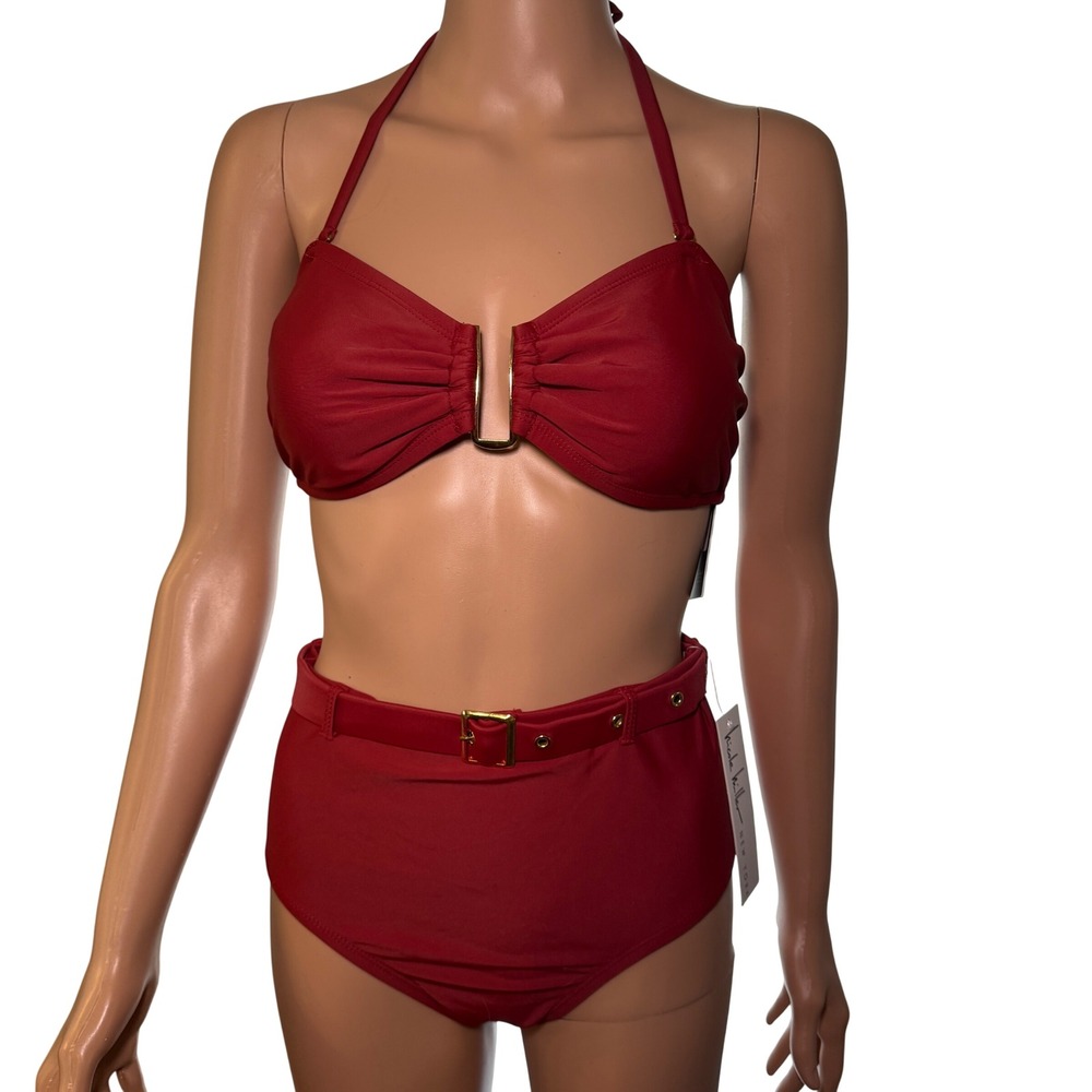 Nicole Miller New York Red Bikini Set High Waisted Belted Halter Top Size M